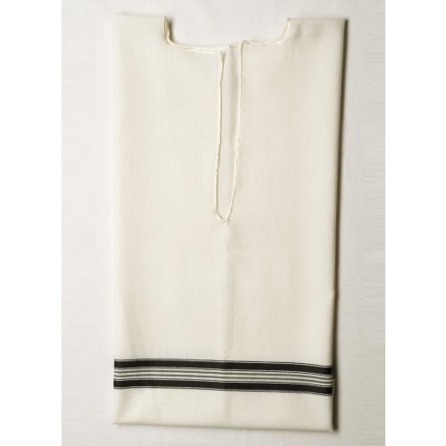 Boys and Mens White Wool Tallit Katan Without Center Fringes - Black Stripes