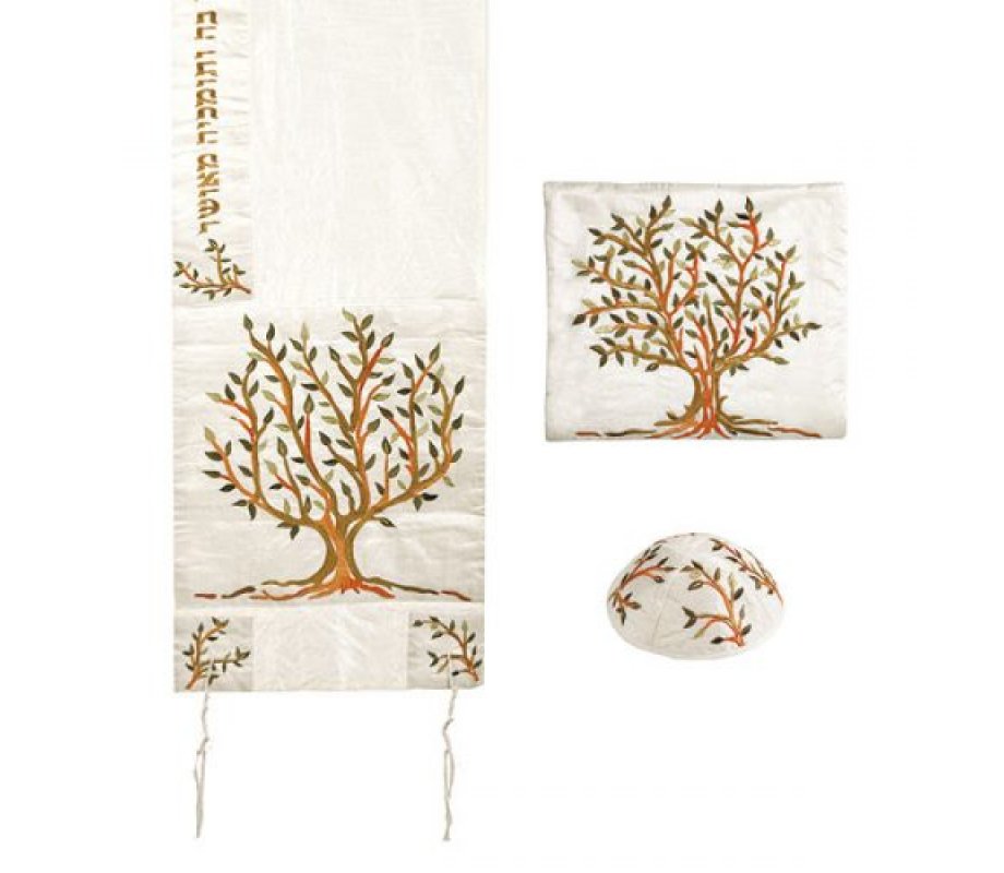 Brown and Green Embroidered Tree of Life Polysilk Prayer Shawl Set - Yair Emanuel