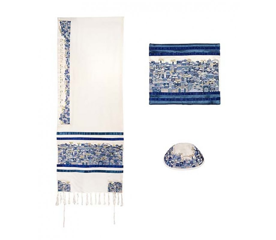 Embroidered Cotton Prayer Shawl Set, Jerusalem in Blue - Yair Emanuel