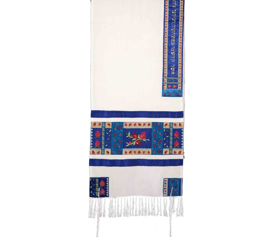 Embroidered Prayer Shawl Set with Red and Blue Pomegranates - Yair Emanuel