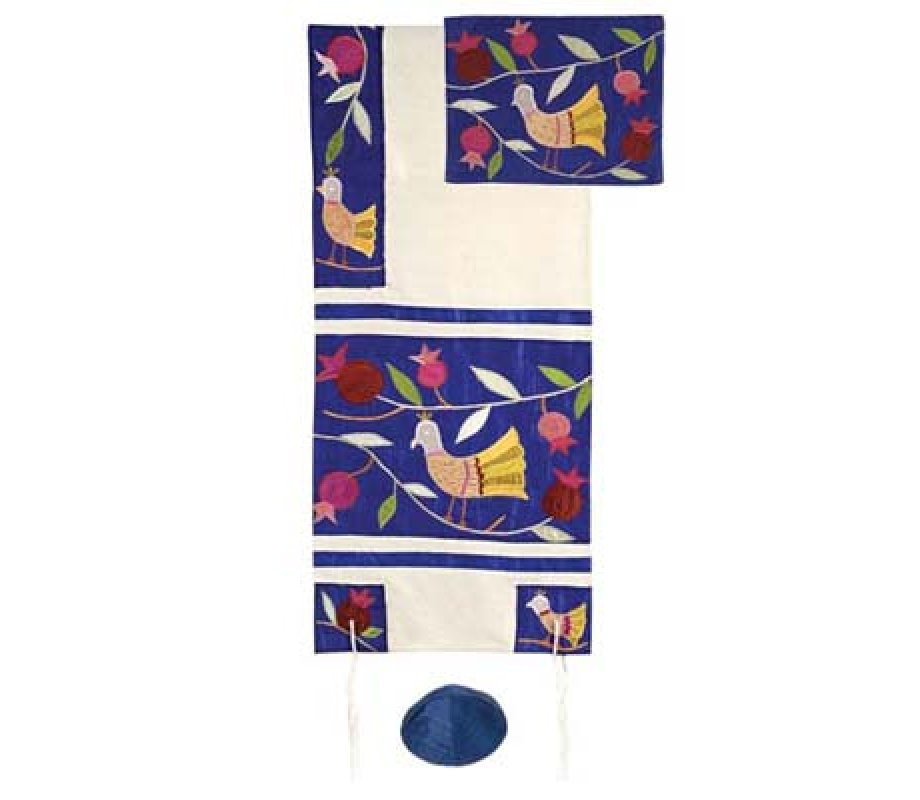 Embroidered Raw Silk Prayer Shawl Set, Birds and Pomegranates, Blue - Yair Emanuel