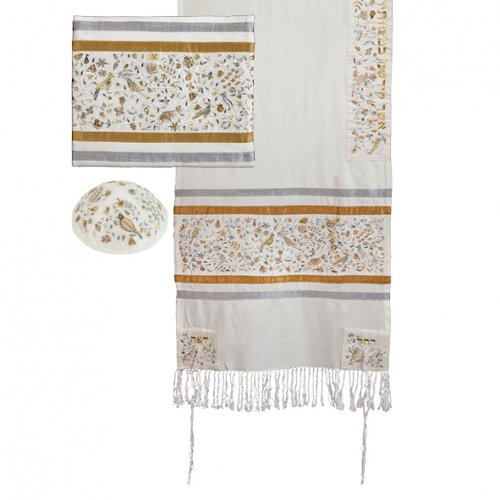 Embroidered Silk Cotton Prayer Shawl, Trees Birds Matriarchs, Gold - Yair Emanuel