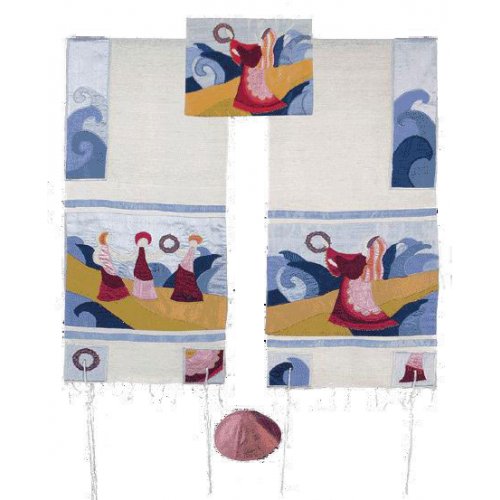 Embroidered Silk Prayer Shawl Set, Miriam and Tambourines at Red Sea - Yair Emanuel