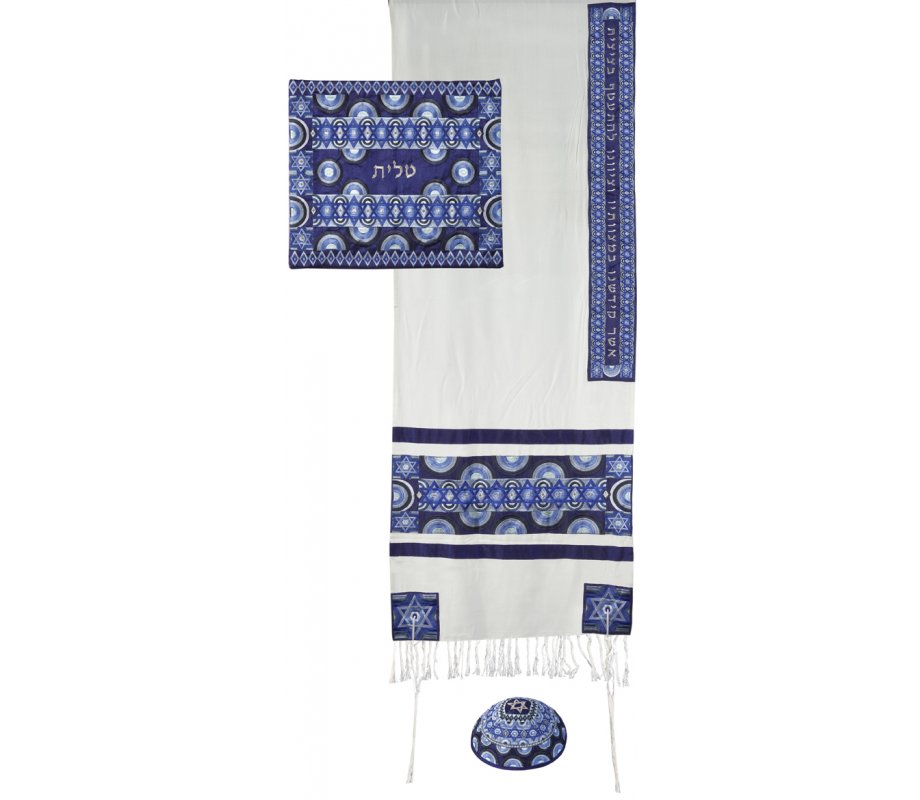Embroidered Silk and Cotton Prayer Shawl Set, Blue Stars of David - Yair Emanuel