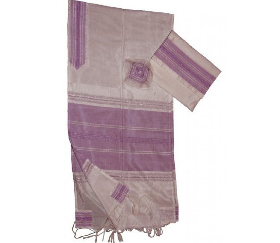 Fuchsia Stripes on Handwoven White Silk Prayer Shawl Tallit Set - Gabrieli