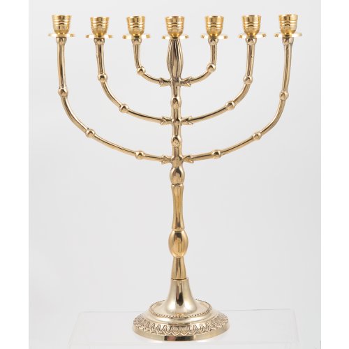 Gleaming Gold Seven Branch Menorah with Bead Decoration, Brass - 15