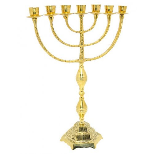 Gleaming Seven Branch Menorah, Decorative Gold Brass  16