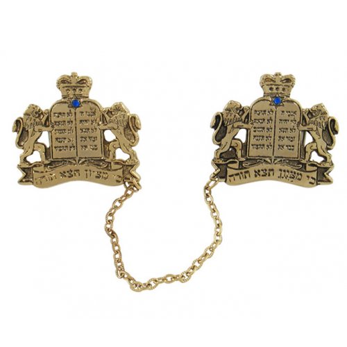 Gold Plated Prayer Shawl Clips with Chain - Lion of Judah with Tablets