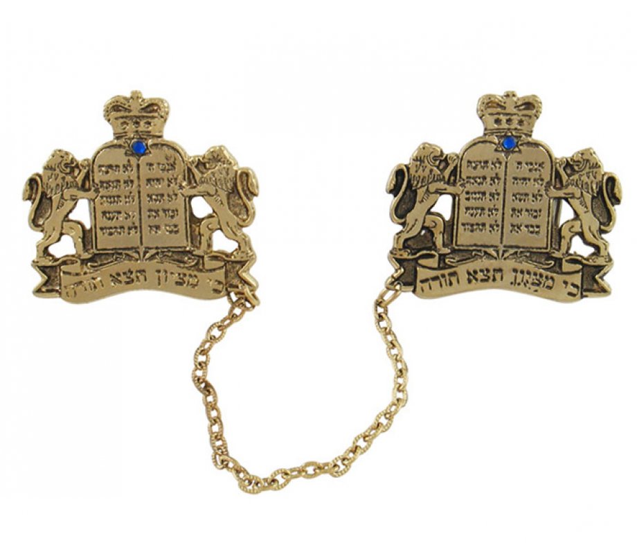 Gold Plated Prayer Shawl Clips with Chain - Lion of Judah with Tablets