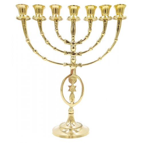 Grafted In Design with Menorah on Stem of Gold Brass Seven Branch Menorah -12