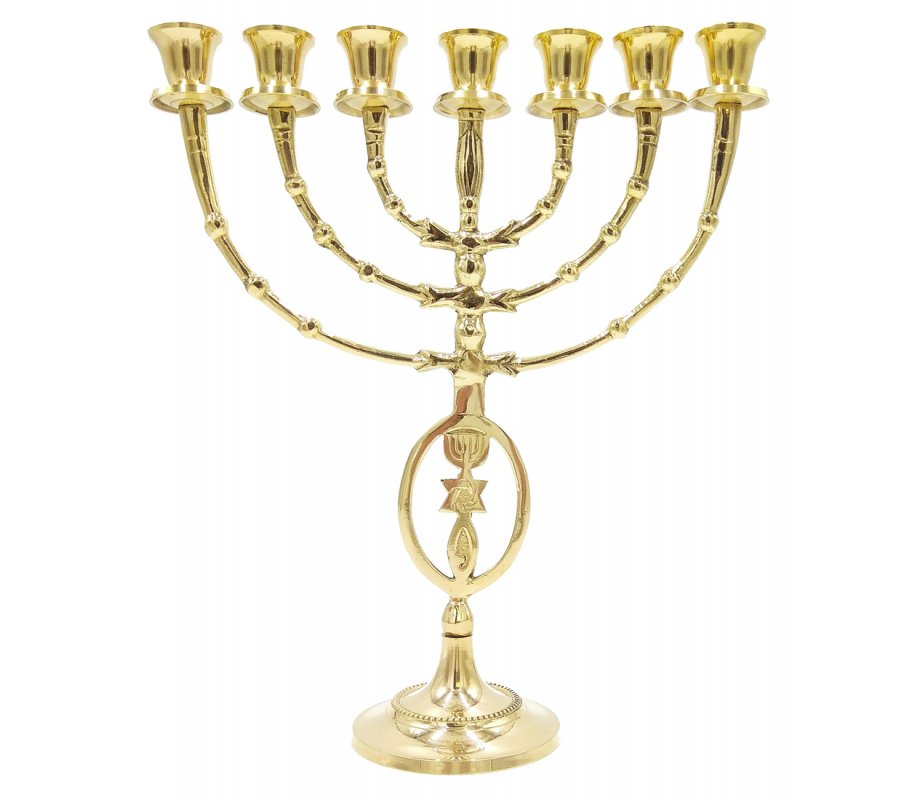 Grafted In Design with Menorah on Stem of Gold Brass Seven Branch Menorah -12