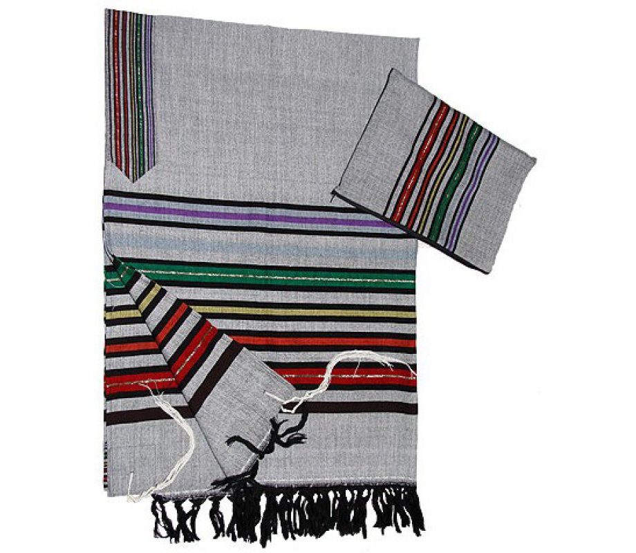 Gray Handwoven Cotton Prayer Shawl Set with Colored Joseph Stripes - Gabrieli