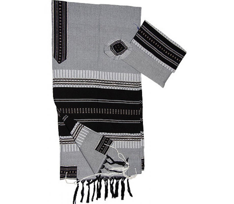 Gray Handwoven Cotton Tallit Prayer Shawl Set with Black and Silver Stripes - Gabrieli