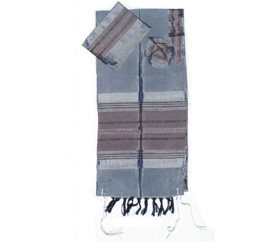 Gray Handwoven Silk Prayer Shawl Tallit Set with Antique Pink Stripes - Gabrieli