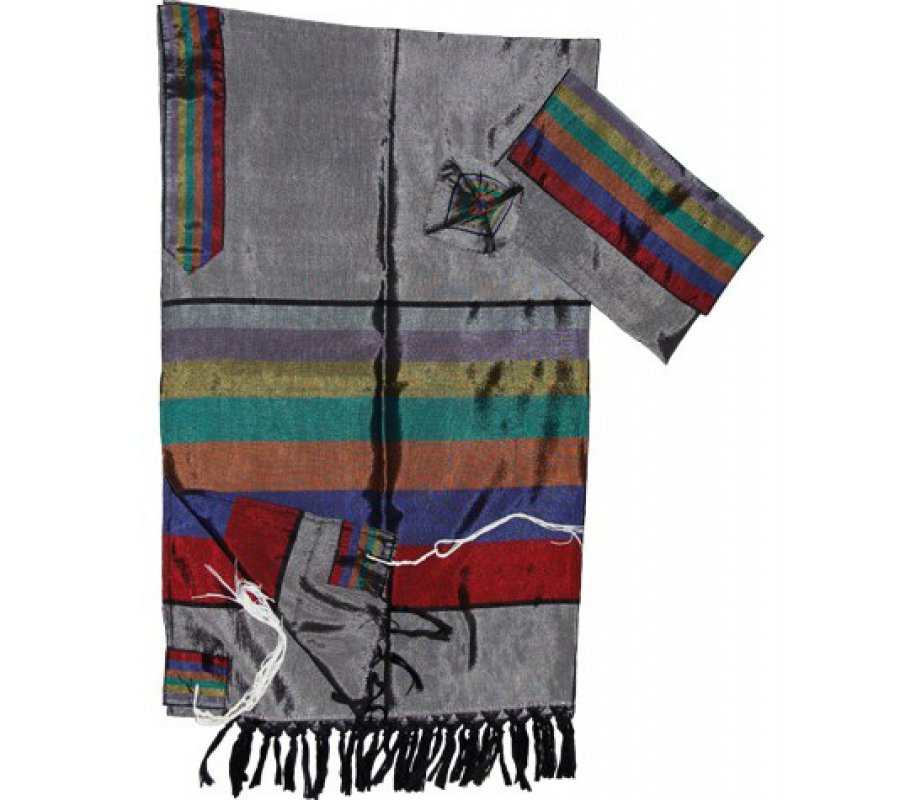 Gray Silk Handwoven Prayer Shawl Tallit Set with Colorful Wide Stripes - Gabrieli