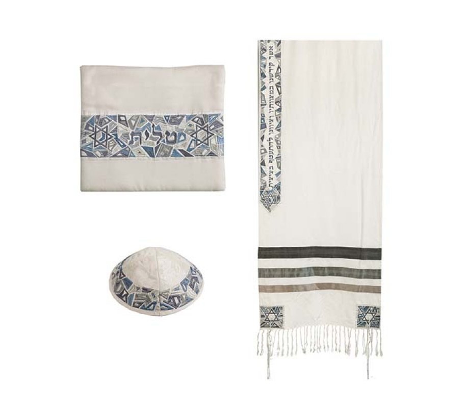 Gray Star of David Mosaic Embroidered Prayer Shawl Set - Yair Emanuel