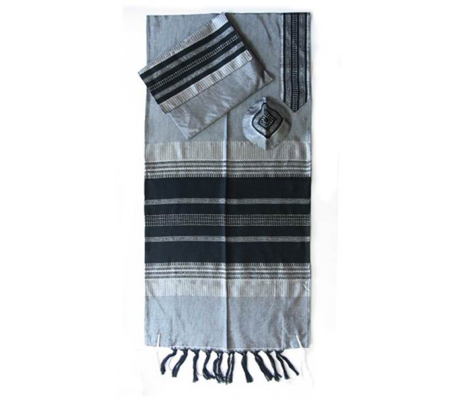 Gray with Black Stripes Handwoven Silk Prayer Shawl Set - Gabrieli