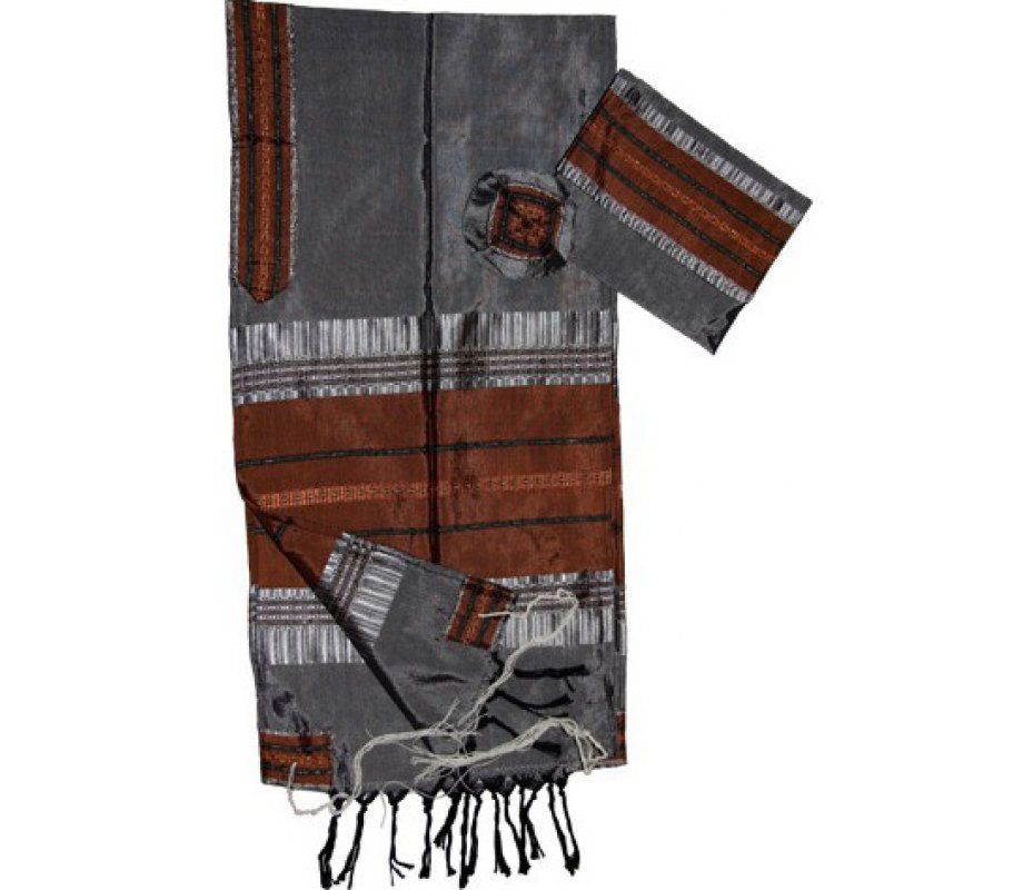 Gray with Copper Stripes Handwoven Silk Tallit Prayer Shawl Set - Gabrieli
