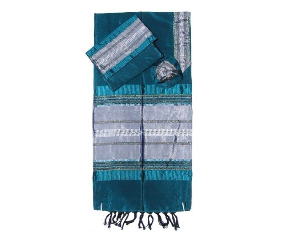 Green Silk Handwoven Prayer Shawl Tallit Set with Silver Stripes - Gabrieli