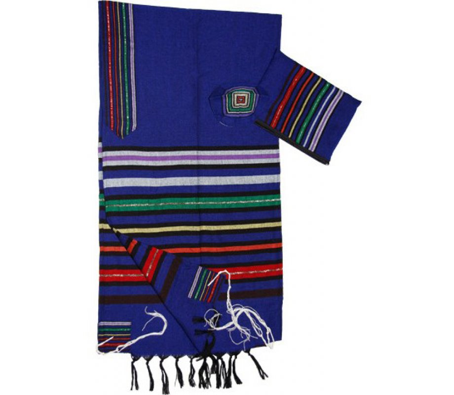 Handwoven Colorful Joseph on Blue Handwoven Wool Tallit Prayer Shawl - Gabrieli