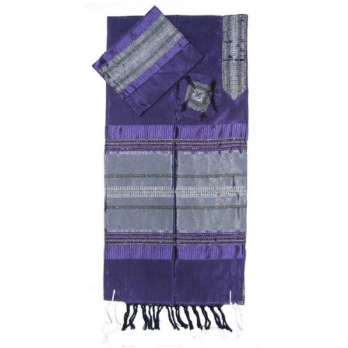 Handwoven Silk Purple Prayer Shawl Tallit Set with Silver Stripes - Gabrieli