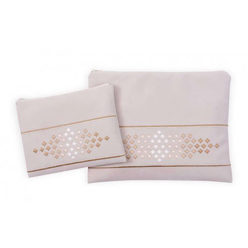 Impala Prayer Shawl Bag Set, Off-White, Gold Diamonds Embroidery - Ronit Gur