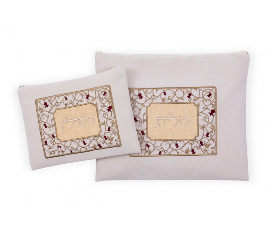 Impala Prayer Shawl Bag Set Off-White, Red Pomegranates on Gold Trellis - Ronit Gur
