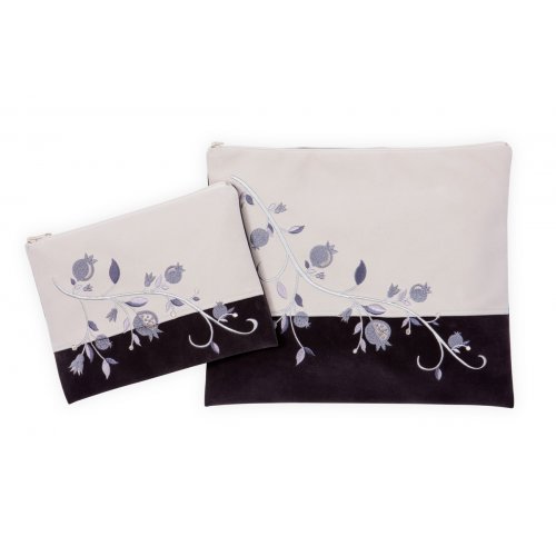 Impala Prayer Shawl Bag Set Off-White and Gray, Silver Pomegranates - Ronit Gur