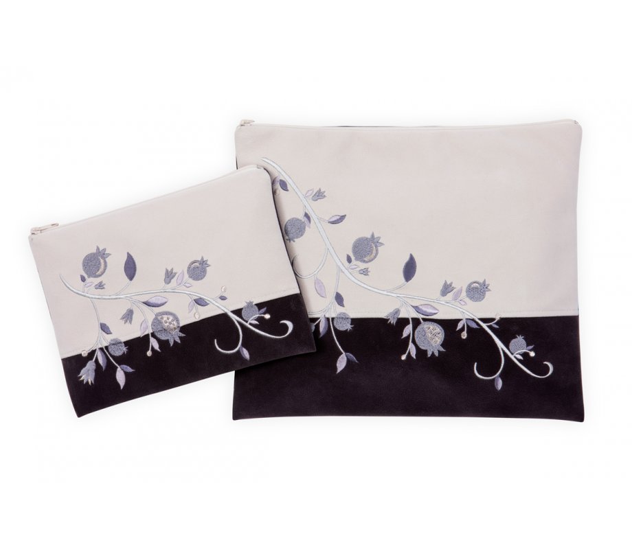 Impala Prayer Shawl Bag Set Off-White and Gray, Silver Pomegranates - Ronit Gur