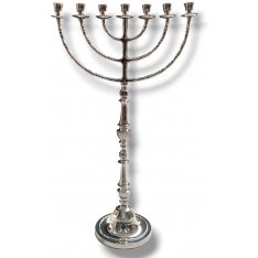 Jumbo Size Silver Seven Branch Menorah with Beaded Decorations, Nickel - 32