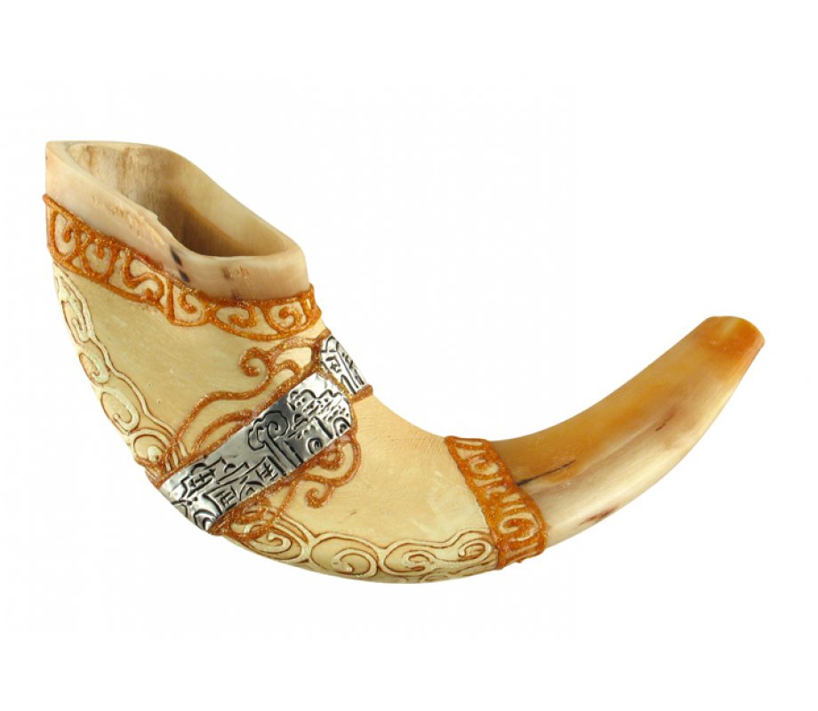 Light Ram's Horn shofar with Hand Painted Jerusalem design
