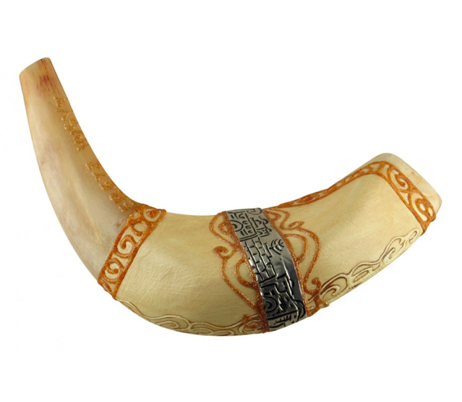 Light Ram's Horn shofar with Hand Painted Jerusalem design