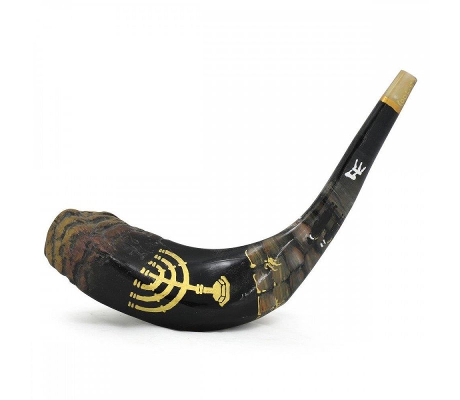 MYSHOFAR Hand Painted Rams Horn Shofar - Menorah, Western Wall and People in Prayer