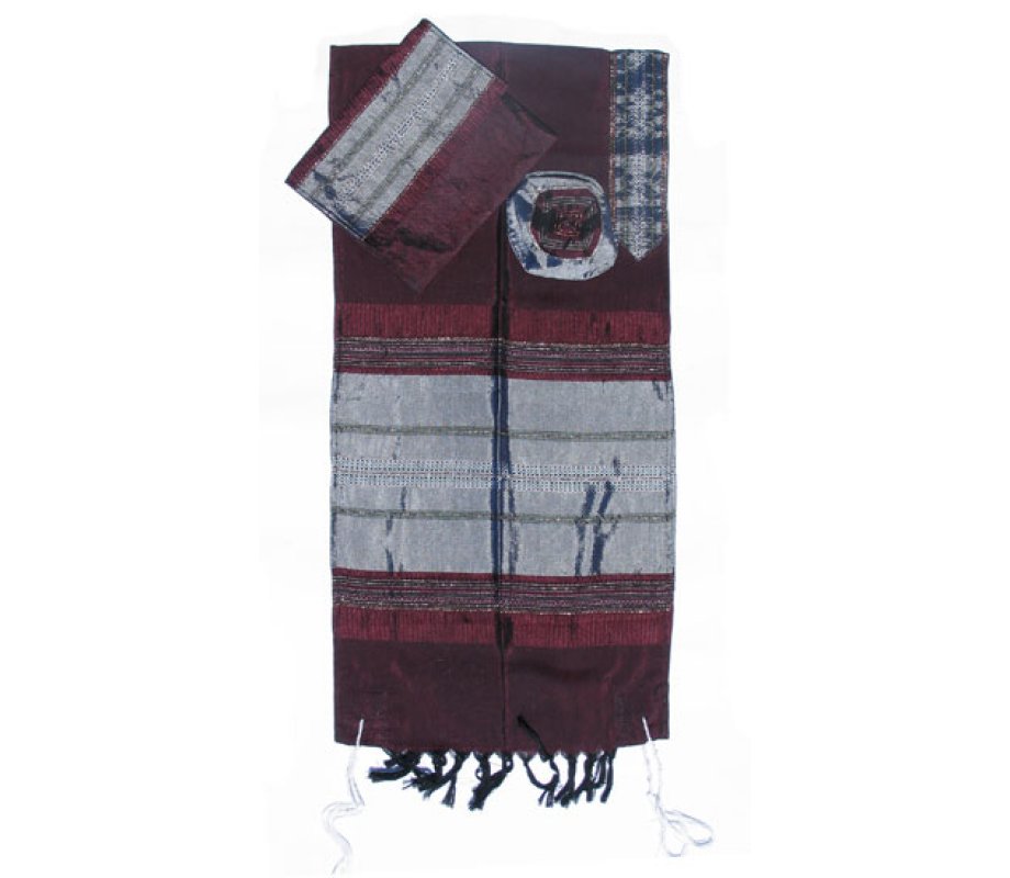 Maroon Handwoven Silk Tallit Prayer Shawl Set with Silver Stripes - Gabrieli
