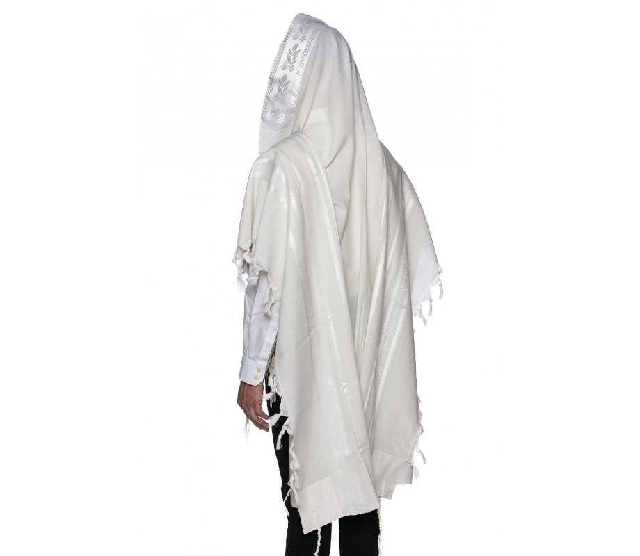 Modim Wool Classic Tallit Prayer Shawl - Shiny White Stripes