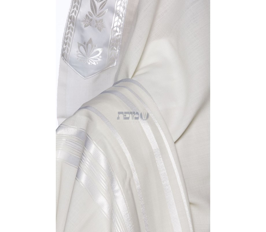 Modim Wool Classic Tallit Prayer Shawl - Shiny White Stripes
