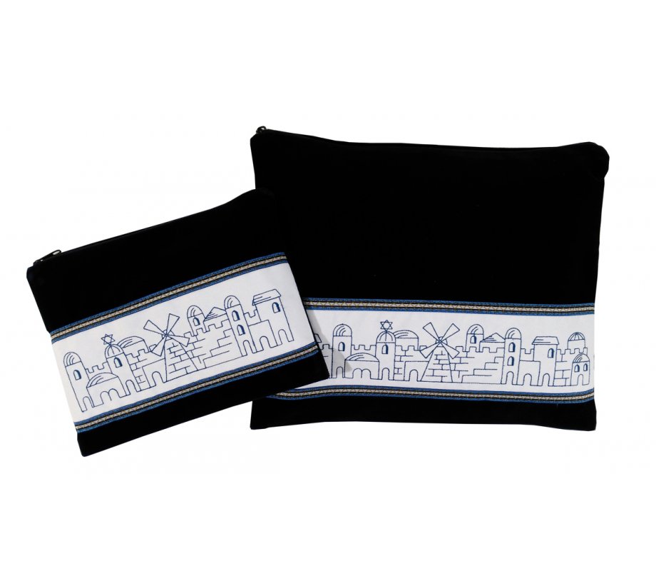 Navy Velvet Prayer Shawl Bag Set, Embroidered Blue Jerusalem - Ronit Gur