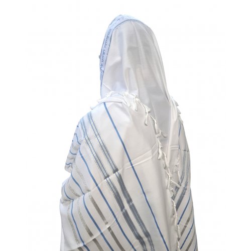 Noam Acrylic Tallit Prayer Shawl with Silver and Light Blue Stripes