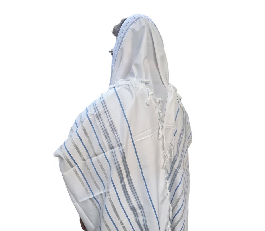 Noam Acrylic Tallit Prayer Shawl with Silver and Light Blue Stripes