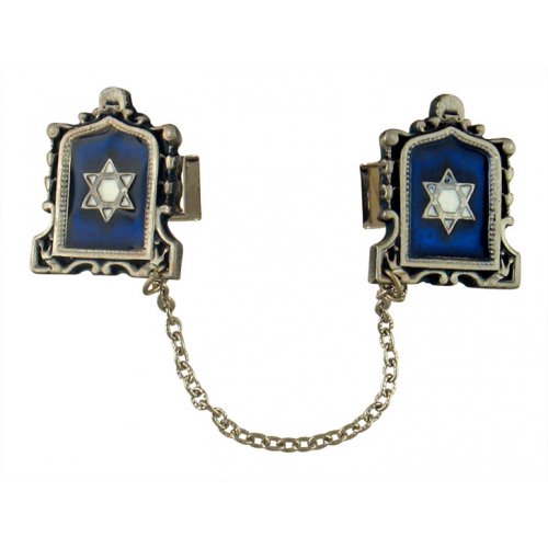 Pewter Prayer Shawl Clips with Chain - Blue Star of David in Tablet Frame