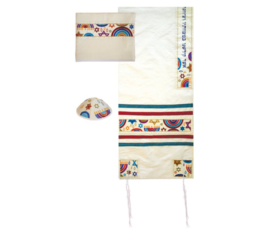 Polysilk White Prayer Shawl Set Embroidered Colored Judaic Symbols - Yair Emanuel