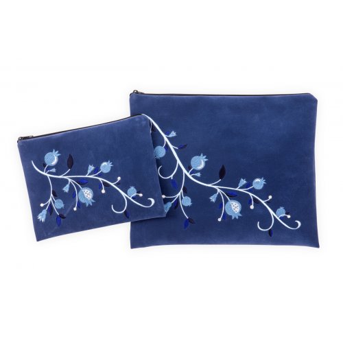 Prayer Shawl Bag Set Blue, Embroidered Shades-of-Blue Pomegranates - Ronit Gur