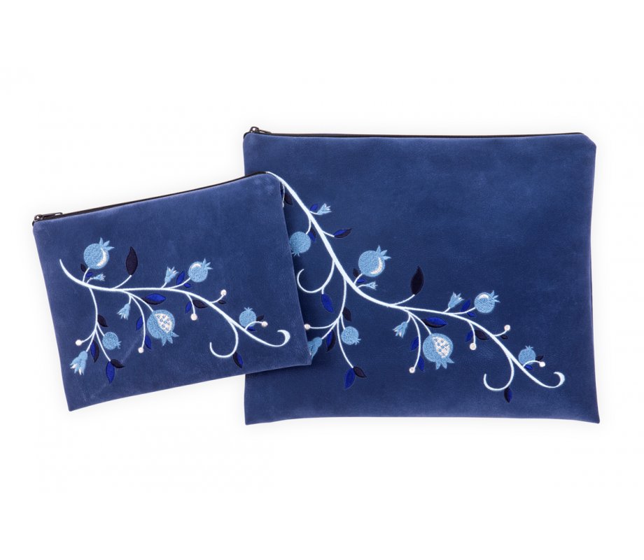Prayer Shawl Bag Set Blue, Embroidered Shades-of-Blue Pomegranates - Ronit Gur