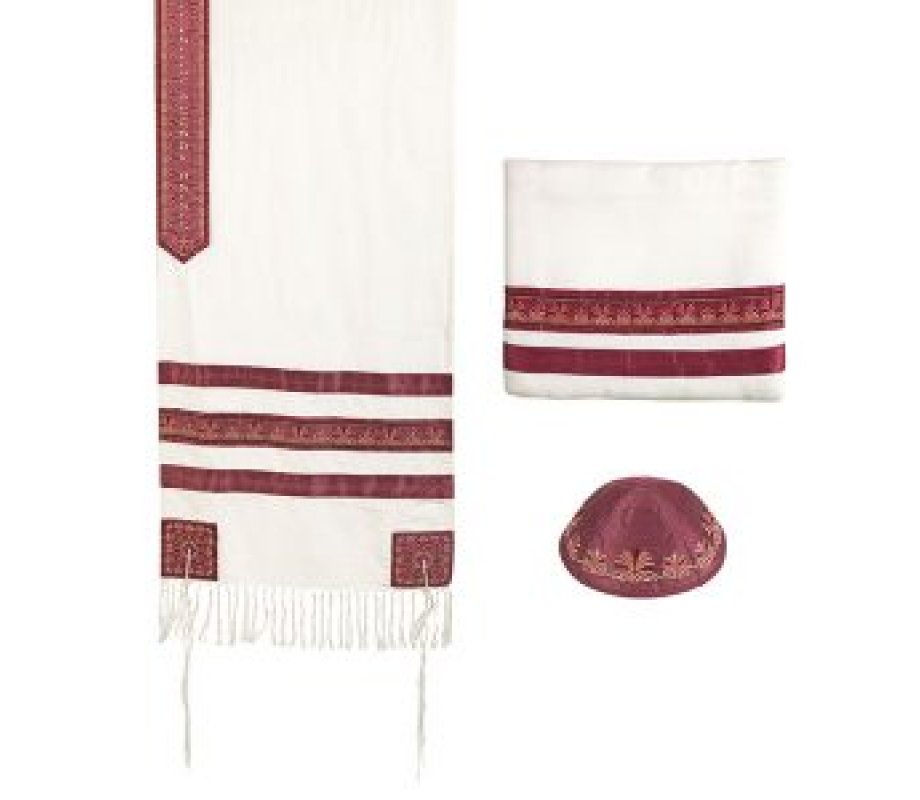 Prayer Shawl, Bag and Kippah with Embroidered Stripes, Maroon - Yair Emanuel