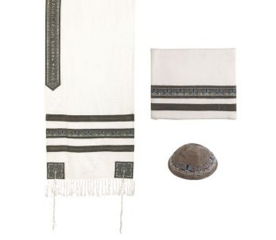 Prayer Shawl Set with Decorative Embroidered Gray Stripes - Yair Emanuel