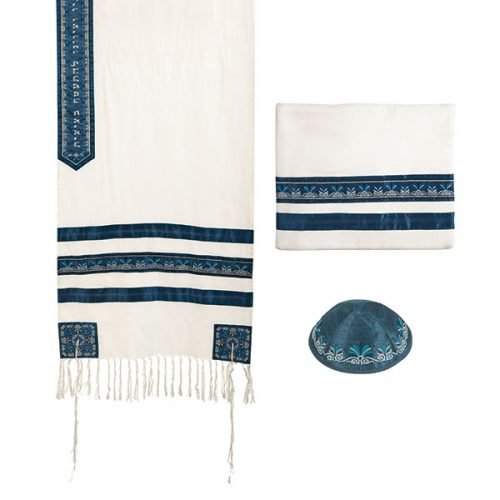 Prayer Shawl with Bag and Cap and Embroidered Decorative Stripes, Blue - Yair Emanuel