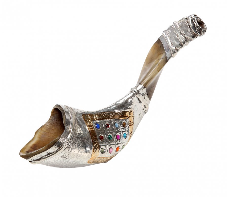 Rams Horn Shofar, Sterling Silver with Colorful Choshen Breastplate Image