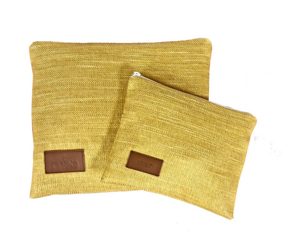 Ronit Gur Woven Fabric Tallit and Tefillin Bag Set, Leather Label – Golden Yellow