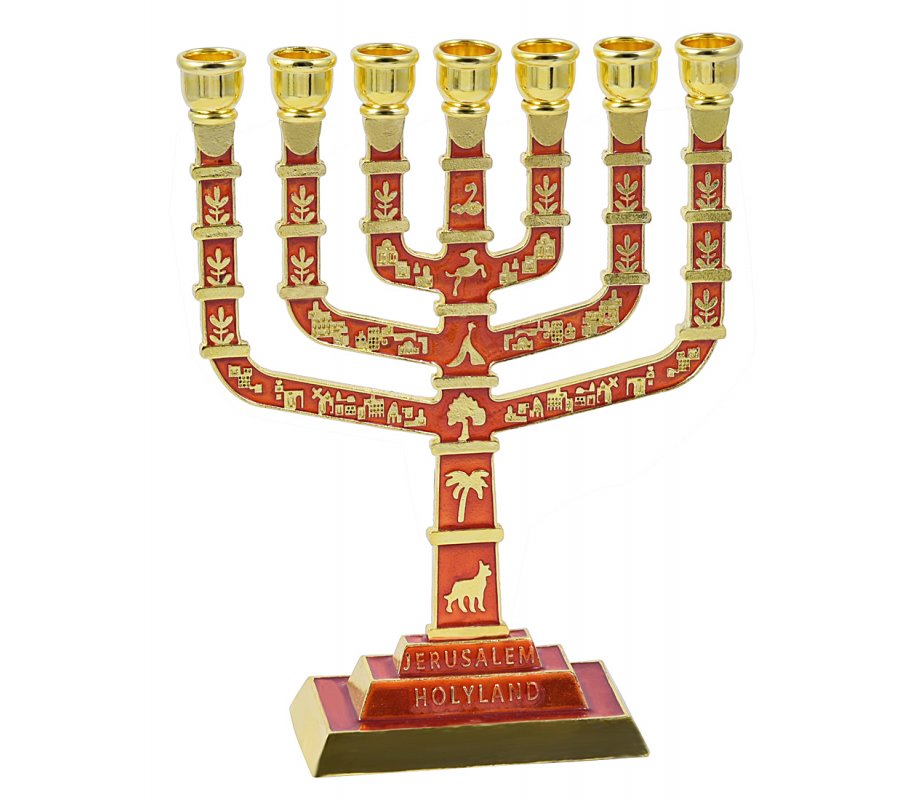 Seven Branch Menorah, Gold and Red with Jerusalem Images and Judaica Motifs - 9.5