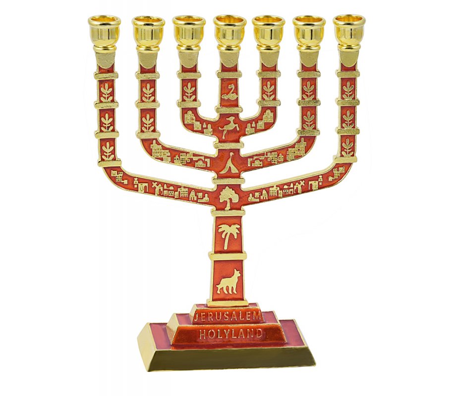 Seven Branch Menorah, Gold and Red with Jerusalem Images and Judaica Motifs - 9.5